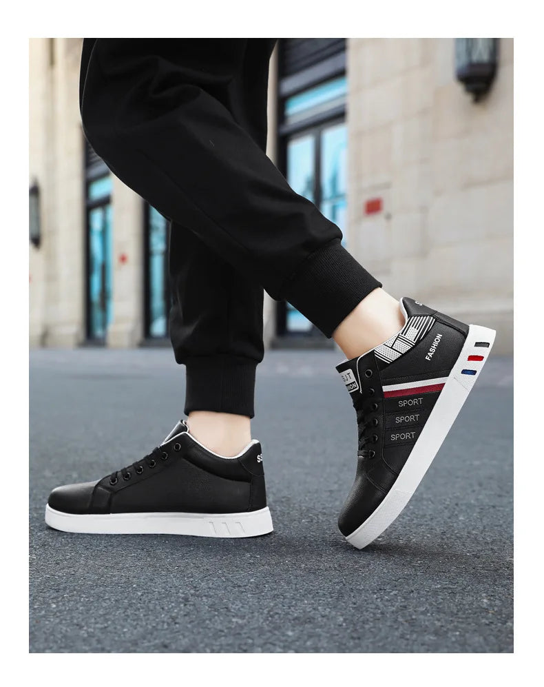 MEN’S WHITE CASUAL SNEAKERS – BREATHABLE PU LEATHER HIGH-TOP STYLE