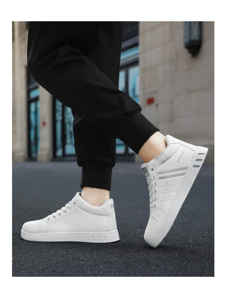MEN’S WHITE CASUAL SNEAKERS – BREATHABLE PU LEATHER HIGH-TOP STYLE