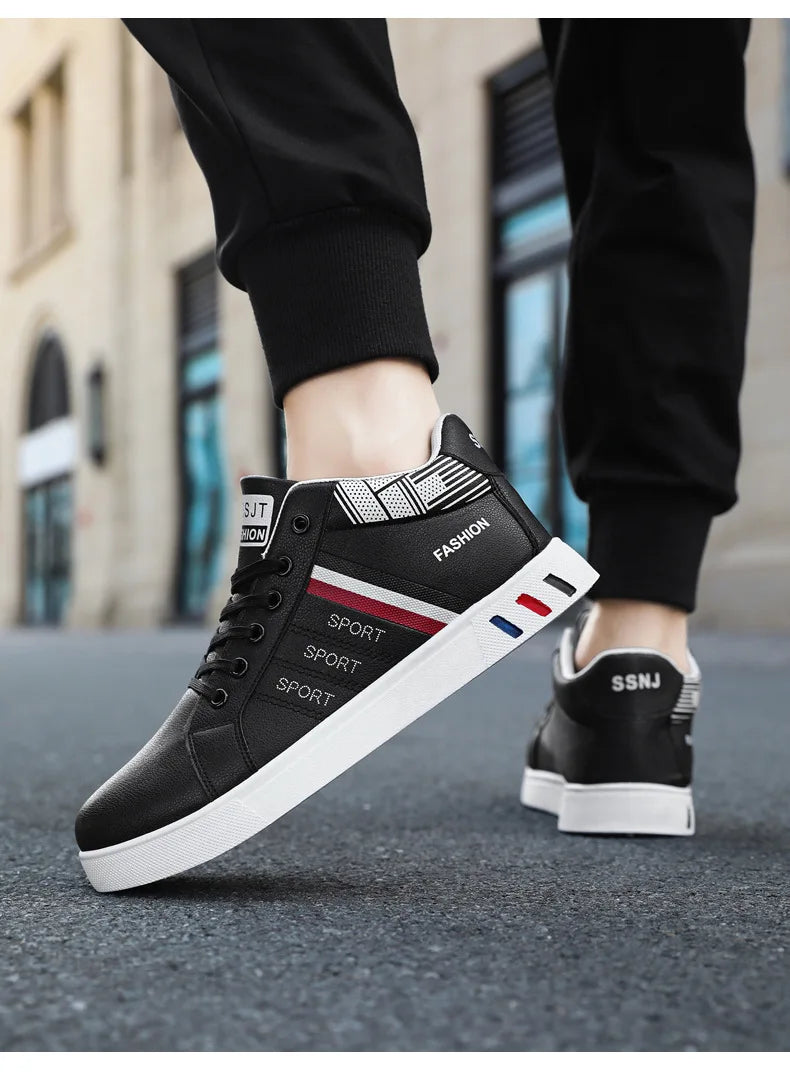 MEN’S WHITE CASUAL SNEAKERS – BREATHABLE PU LEATHER HIGH-TOP STYLE