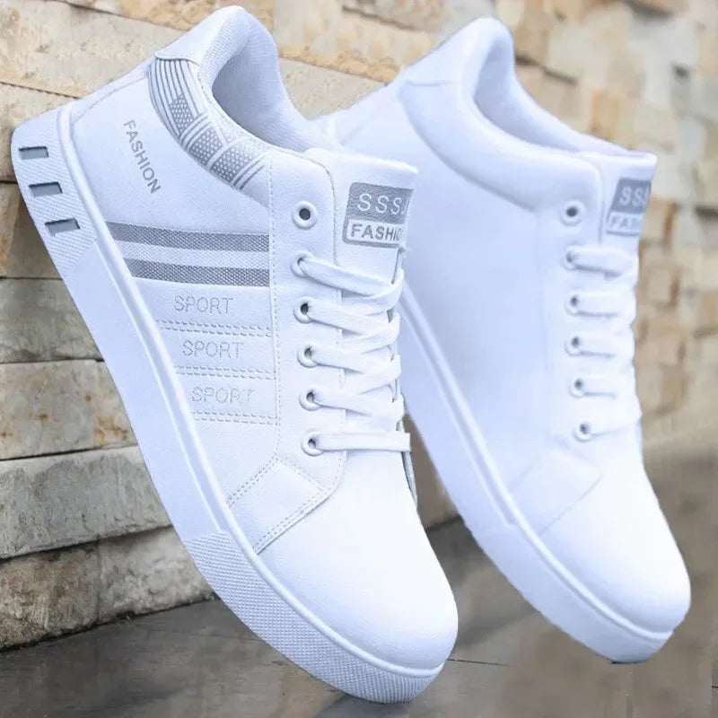 MEN’S WHITE CASUAL SNEAKERS – BREATHABLE PU LEATHER HIGH-TOP STYLE