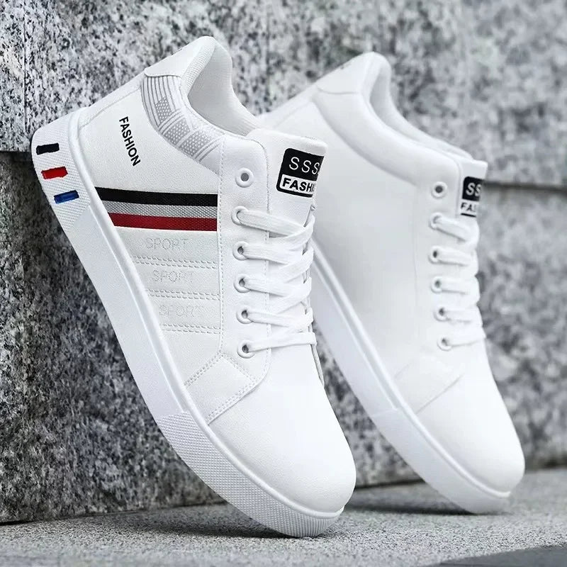 MEN’S WHITE CASUAL SNEAKERS – BREATHABLE PU LEATHER HIGH-TOP STYLE