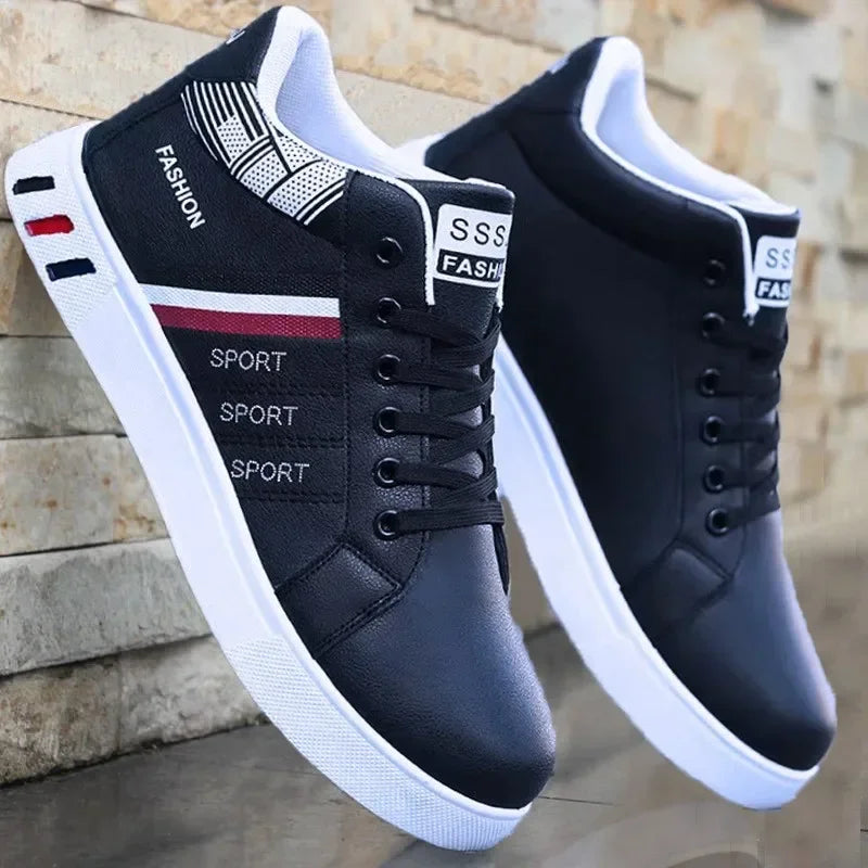MEN’S WHITE CASUAL SNEAKERS – BREATHABLE PU LEATHER HIGH-TOP STYLE