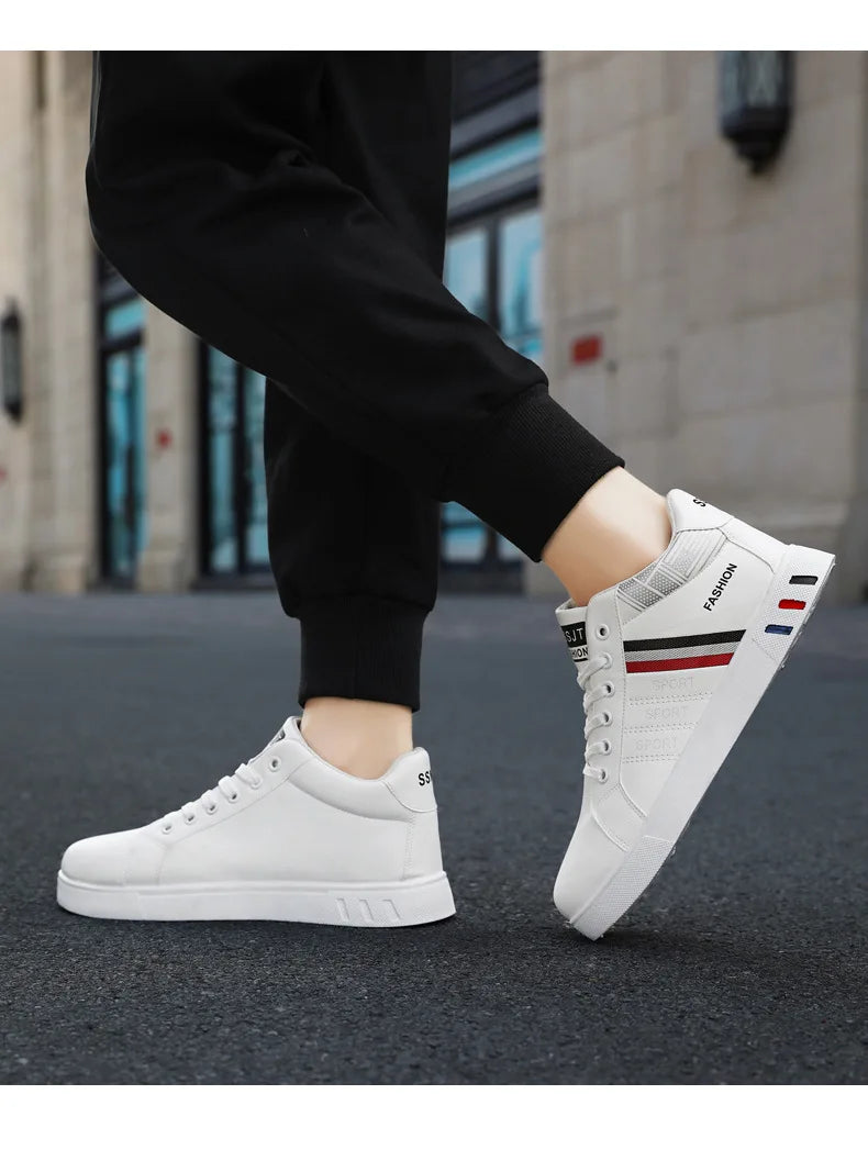 MEN’S WHITE CASUAL SNEAKERS – BREATHABLE PU LEATHER HIGH-TOP STYLE